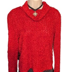 Chic Carol Anderson Y2K Knit Red Fringe Women's Crew Neck Sweater Size Medium